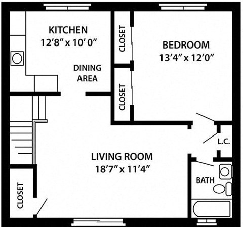 Floor plan for 1 bed, 1 bath, 742 sqft